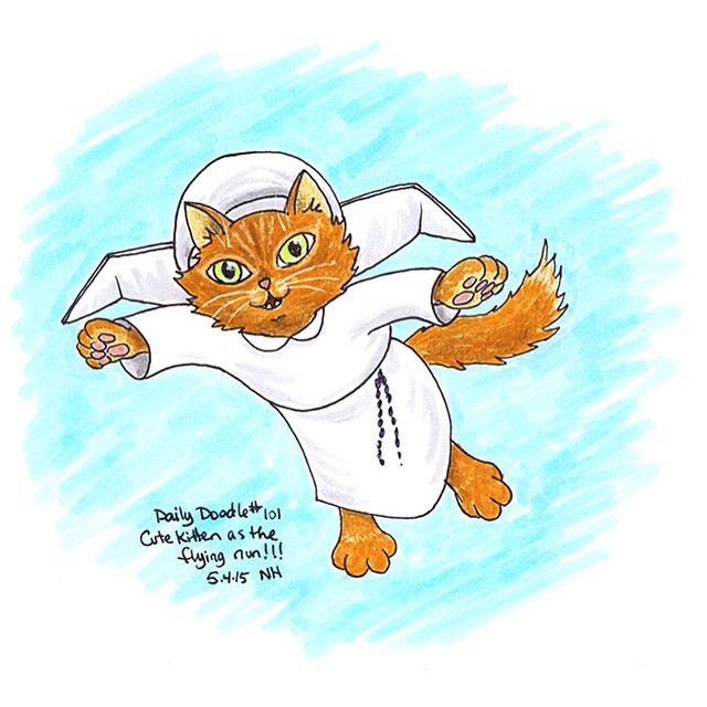 No.101 Cute Kitten as The Flying Nun #dailydoodle #doodle #sketch #drawing #art #cute #kitten #flying #nun #silly
