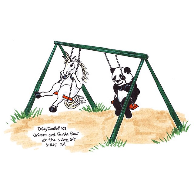 No.108 Unicorn and panda bear at the swing set - http://patreon.com/creation?hid=2438028  #dailydoodle #doodle  #drawing #art #sketch #unicorn #panda #swingset #swinging #cute #fun #silly