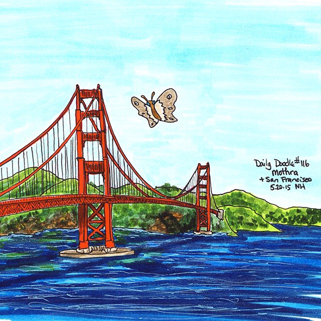 No.116 Mothra + San Francisco - patreon.com/creation?hid=2465828According to one character profile of Mothra, she would be 98 feet tall, which is one-fifth the size of a Golden Gate Bridge pillar from roadway to top.#dailydoodle #doodle #drawing #art #sketch #mothra #sanfrancisco #goldengatebridge #sf